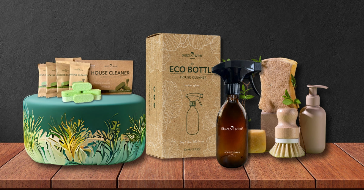 Shizen Home Bundle & Save collection featuring eco-friendly spray bottles, refill tablets, and starter kits for sustainable cleaning.
