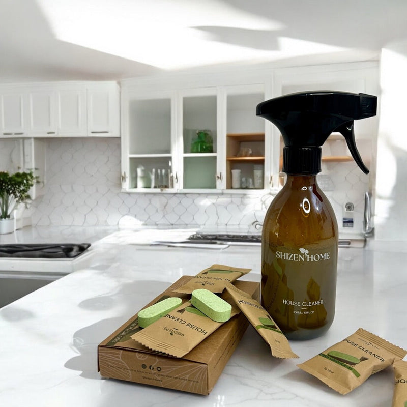 Shizen Home Bundle & Save collection featuring eco-friendly spray bottles, refill tablets, and starter kits for sustainable cleaning.