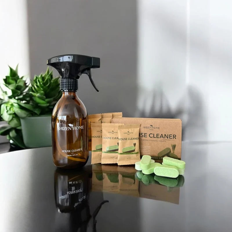 Eco-friendly cleaning tablets and powders by Shizen Home, designed to be mixed with water to create liquid or gel cleaners. Sustainable and zero-waste solution.